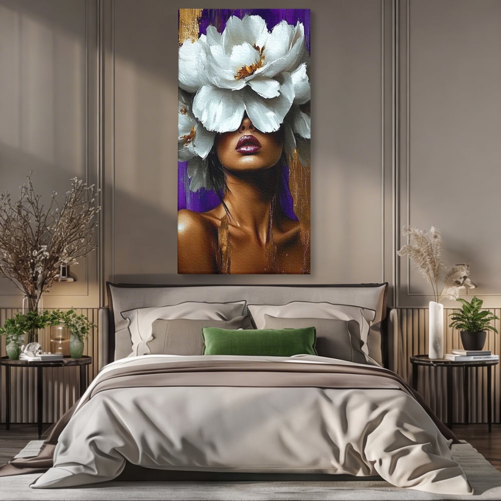 Tablou canvas cu tablou canvas cu femeie si flori albe, fara rama, pe sasiu de lemn, pe perete intr-un dormitor